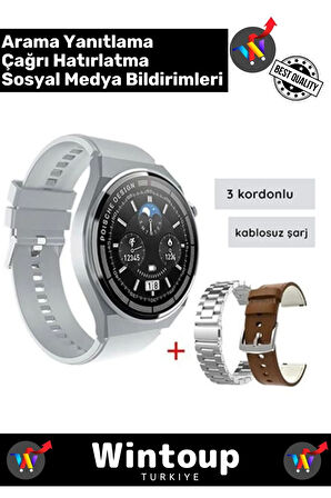 IOS Android Siyah Gümüş 3 Kordonlu Akıllı Saat Smartwatch