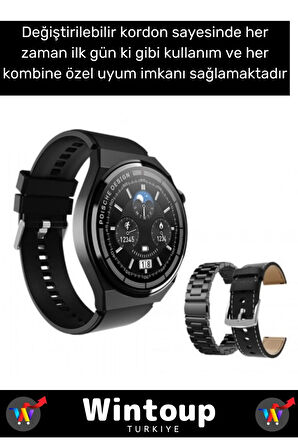 IOS Android Siyah Gümüş 3 Kordonlu Akıllı Saat Smartwatch