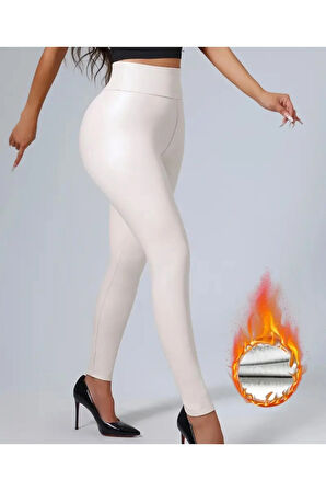 Ekru Renk Deri Tayt Yüksek Bel