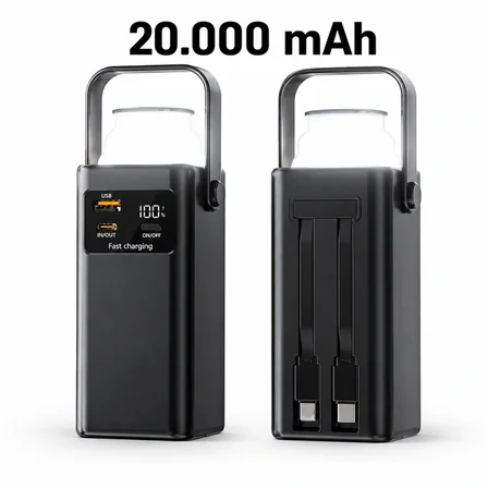 20.000 mAh Powerbank Kamp Lambası Dahili USB-C & Lightning Kablolu Dijital Göstergeli PD Hızlı Şarj Taşınabilir