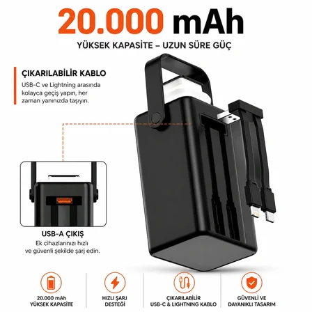 20.000 mAh Powerbank Kamp Lambası Dahili USB-C & Lightning Kablolu Dijital Göstergeli PD Hızlı Şarj Taşınabilir