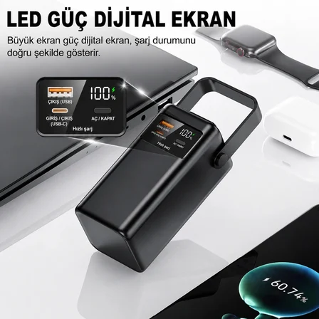 20.000 mAh Powerbank Kamp Lambası Dahili USB-C & Lightning Kablolu Dijital Göstergeli PD Hızlı Şarj Taşınabilir