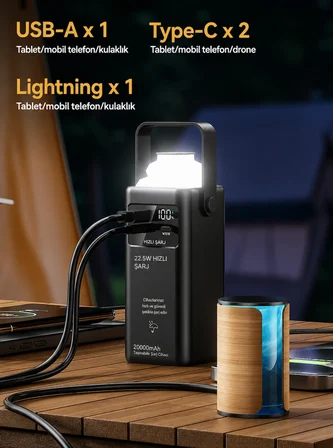20.000 mAh Powerbank Kamp Lambası Dahili USB-C & Lightning Kablolu Dijital Göstergeli PD Hızlı Şarj Taşınabilir