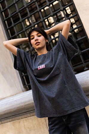 Kadın Yıkamalı Oversize Tişört – Koyu Gri