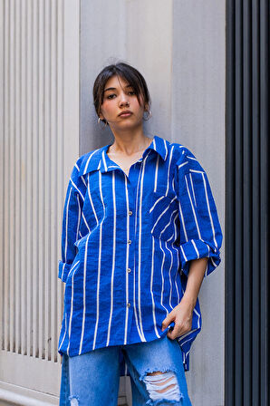  Kadın Oversize Çizgili Gömlek – Saks Mavi