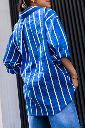  Kadın Oversize Çizgili Gömlek – Saks Mavi
