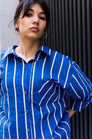  Kadın Oversize Çizgili Gömlek – Saks Mavi