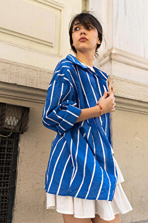  Kadın Oversize Çizgili Gömlek – Saks Mavi