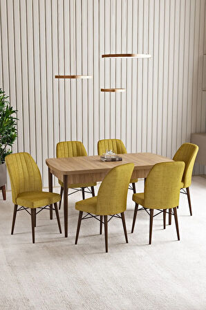 Lara Meşe Desen 80 X 132 Açılabilir MDF Mutfak Masası 6  Sandalye