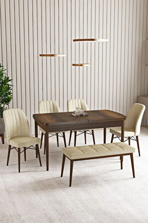 Lara Barok Desen 80 X 132 Açılabilir MDF Mutfak Masası 4 Sandalye, 1 Bench