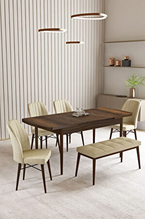 Lara Barok Desen 80 X 132 Açılabilir MDF Mutfak Masası 4 Sandalye, 1 Bench