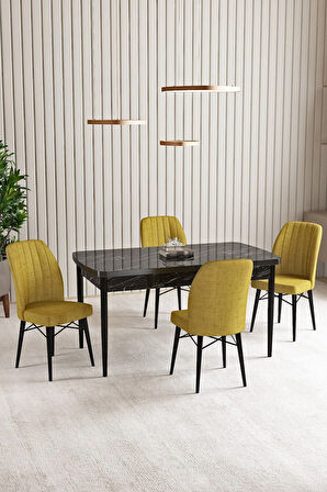 Vien Siyah Mermer Desen 80 X 132 Açılabilir MDF Mutfak Masası 4  Sandalye