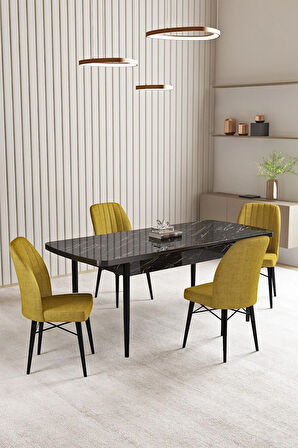 Vien Siyah Mermer Desen 80 X 132 Açılabilir MDF Mutfak Masası 4  Sandalye