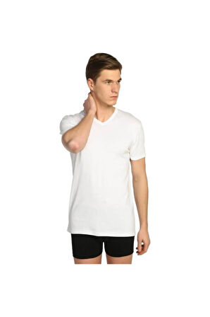 Erkek Spor Fanila V Yaka Kısa Kollu 3'lü Beyaz