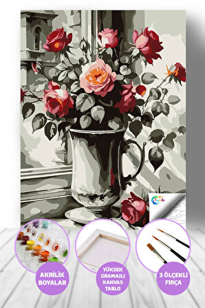 Gümüşteki Güller Sayılarla Boyama Seti, Hobi Seti, 40X50 Tablo, Fırça Boya, Numaralı Tuval