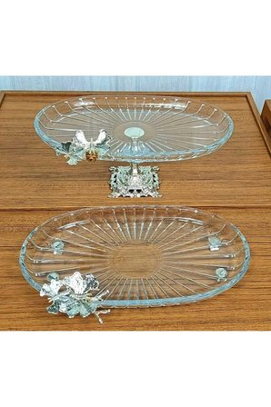 2 li Paşabahçe Kristal Metal Ayaklı Gümüş Oval Düz Pasta Sunumluk Kurabiyelik