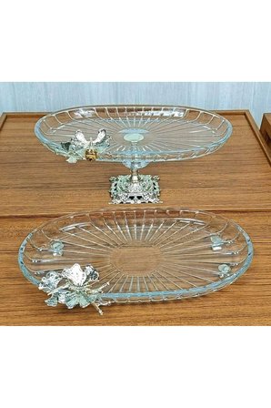 2 li Paşabahçe Kristal Metal Ayaklı Gümüş Oval Düz Pasta Sunumluk Kurabiyelik