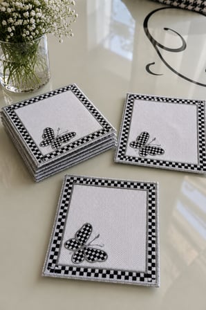6 lı Kelebek Desenli Gümüş Ekose Kokteyl Peçetelik 13X13 - Kare Kahve Sunumluğu,