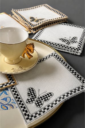 6 lı Kelebek Desenli Gümüş Ekose Kokteyl Peçetelik 13X13 - Kare Kahve Sunumluğu,