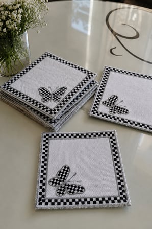 6 lı Kelebek Desenli Gümüş Ekose Kokteyl Peçetelik 13X13 - Kare Kahve Sunumluğu,