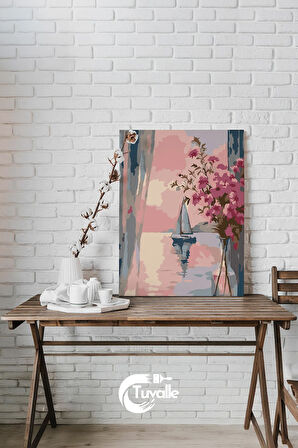 Gün Batımında Yelkenli Sayılarla Boyama Seti, Hobi Seti, 40X50 Tablo, Fırça Boya, Numaralı Tuval