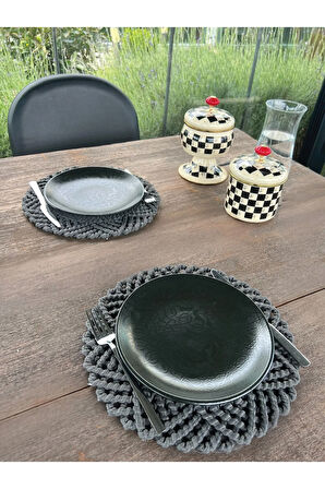 2'li Set Hasır Görünümlü Amerikan Servis-Leke Tutmaz Antrasit 33 cm