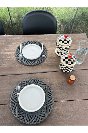 2'li Set Hasır Görünümlü Amerikan Servis-Leke Tutmaz Antrasit 33 cm