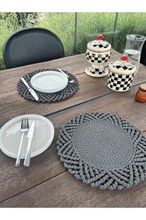 2'li Set Hasır Görünümlü Amerikan Servis-Leke Tutmaz Antrasit 33 cm