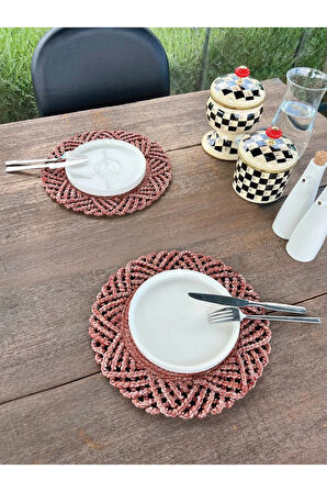 2'li Set Hasır Görünümlü Amerikan Servis-Leke Tutmaz Bordo 33 cm