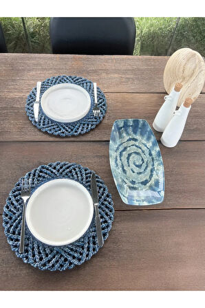 2'li Set Hasır Görünümlü Amerikan Servis-Leke Tutmaz Mavi 33 cm