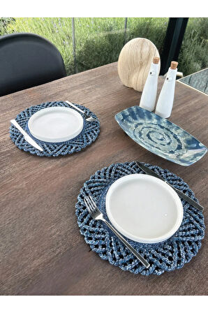 2'li Set Hasır Görünümlü Amerikan Servis-Leke Tutmaz Mavi 33 cm