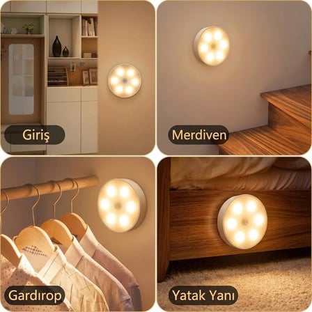 Akıllı Hareket ve Karanlık Sensörlü Günışığı Şarj Edilebilir LED Gece Lambası - Kablosuz Gardırop, Merdiven ve Dolap İçi Mıknatıslı Aydınlatma