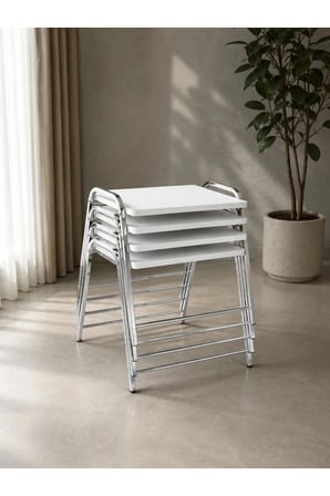 Gümüş Metal Ayaklı Beyaz Zigon Sehpa Seti 4'lü Sehpa Takımı