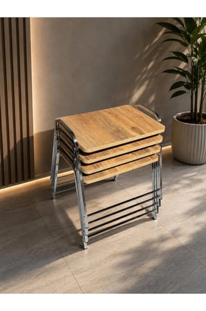 Gümüş Metal Ayaklı Ceviz Zigon Sehpa Seti 4'lü Sehpa Takımı