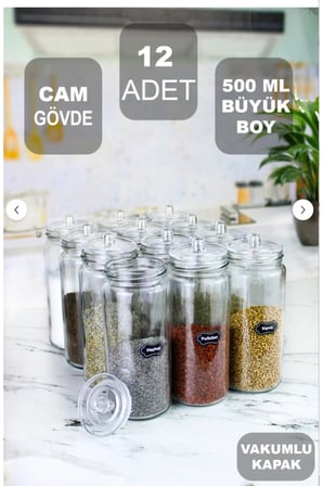 12 Adet Vakum Kapaklı Büyük Boy Cam Baharatlık Seti 500 ML