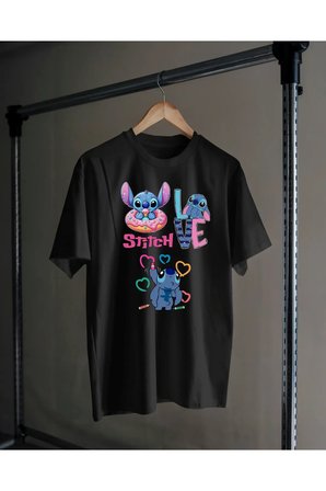 Bisiklet Yaka Pamuklu Stitch Baskılı Kısa Kollu Çocuk Ve Genç Tişört