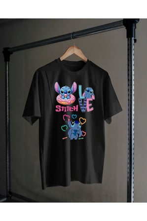 Bisiklet Yaka Pamuklu Stitch Baskılı Kısa Kollu Çocuk Ve Genç Tişört