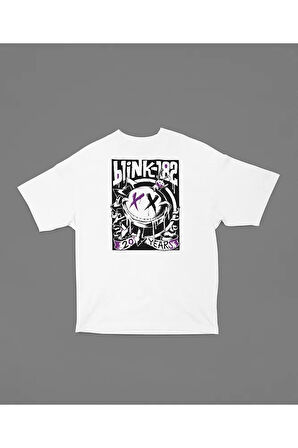 Blink-182 Baskılı Gülen Yüz Tasarımlı Unisex Oversize Tişört