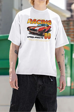 Racing 80 Speed Addicts Baskılı Unisex Tişört, Oversize Araba Tişört