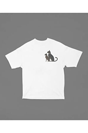 Kedi Ailesi Baskılı Unisex Oversize Tişört
