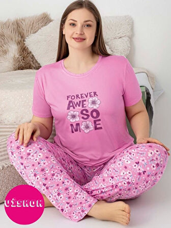 Kadın Bisiklet Yaka Düğmesiz Battal Kesim Viskon Yazlık Kısa Kol Cepli Büyük Beden Pijama Takımı