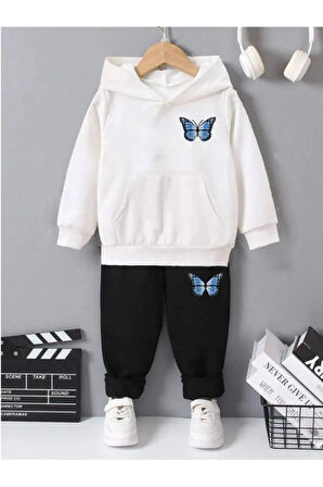 Üst Kapşonlu Beyaz Alt Siyah Baskılı Kız/erkek Oversize Sweatsihrt &