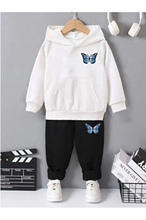 Üst Kapşonlu Beyaz Alt Siyah Baskılı Kız/erkek Oversize Sweatsihrt &