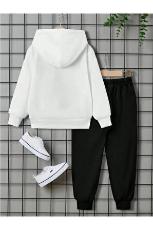 Üst Kapşonlu Beyaz Alt Siyah Baskılı Kız/erkek Oversize Sweatsihrt &