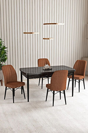 Vien Siyah Mermer Desen 80 X 132 Açılabilir MDF Mutfak Masası 4  Sandalye