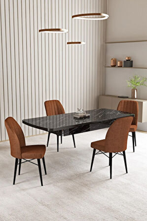 Vien Siyah Mermer Desen 80 X 132 Açılabilir MDF Mutfak Masası 4  Sandalye