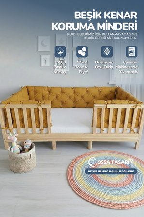 Beşik Kenar Koruma Minderi %100 Pamuk - Montessori Yatak Uyumlu - Hardal Sarı - Buble Soft