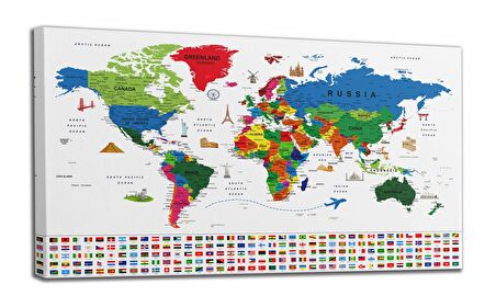 Dünya Haritası Ayrıntılı Eğitici-Öğretici Sembollü Bayraklı Dekoratif Kanvas Tablo 2881