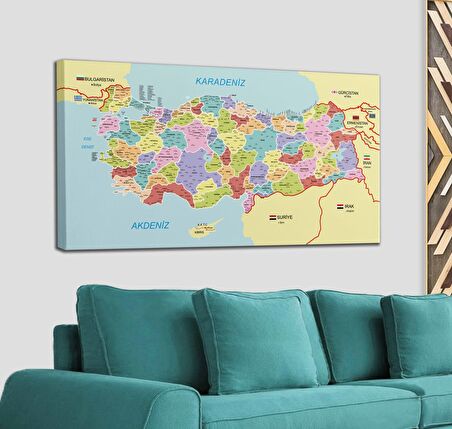 Türkiye Haritası Kanvas Tablo İl ve İlçeli Ayrıntılı Eğitici-Öğretici Komşulu Dekoratif Tablo 3011