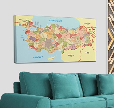 Türkiye Haritası Kanvas Tablo İl ve İlçeli Ayrıntılı Eğitici-Öğretici Komşulu Dekoratif Tablo 3017